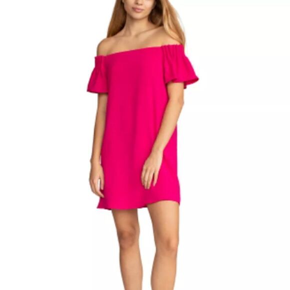 Trina Turk Off-The-Shoulder Flutter Sleeve, Pink Flash, XS - Picture 2 of 6